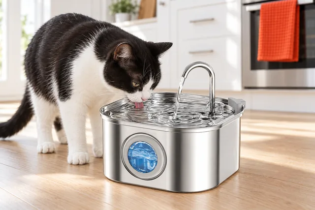 A black and white cat drinking from the stainless HydroPurr fountain on a kitchen floor, the curved spout pouring an arc of water into the dish