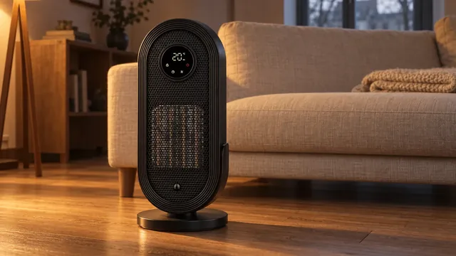 The black IgnisNova heater standing on a wooden floor beside a sofa in warm evening light, its round display lit