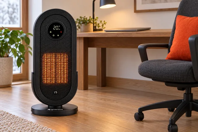 The black IgnisNova heater glowing on the floor of a home office beside a wooden desk, turned toward the desk chair