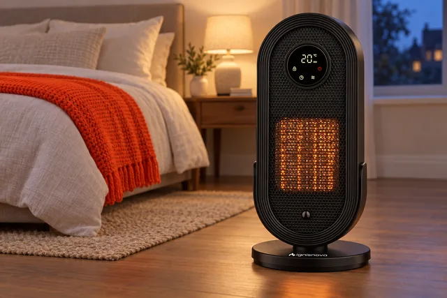 The black IgnisNova heater on a wooden floor beside a bed in the evening, its element glowing orange and its round display lit