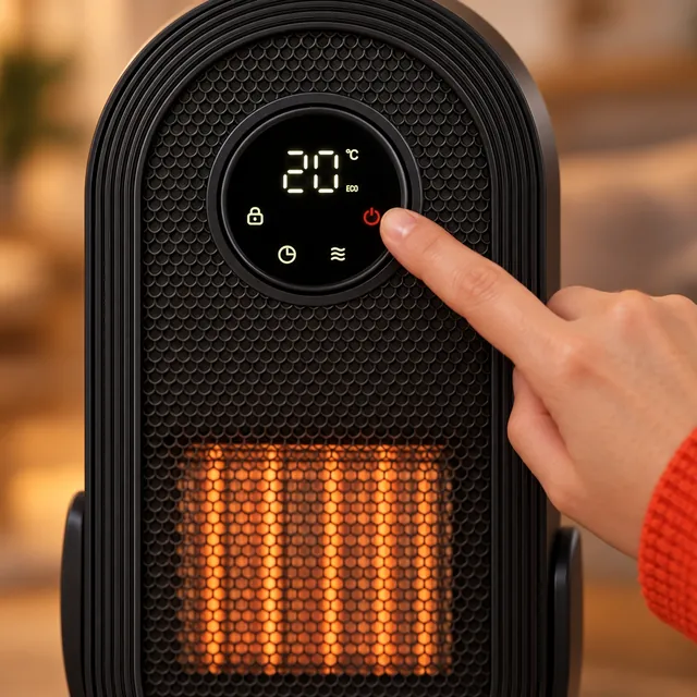 A fingertip touching the red power mark on the round lit display of the IgnisNova, the element glowing below