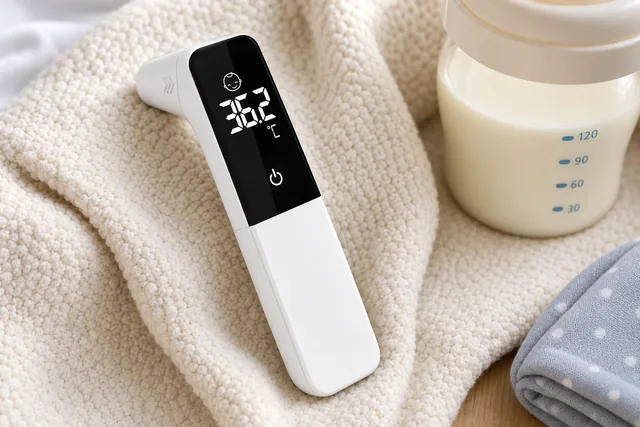 The white Inframeter XT lying on a cream knit blanket, its display lit at 36.2 °C, a bottle of milk beside it