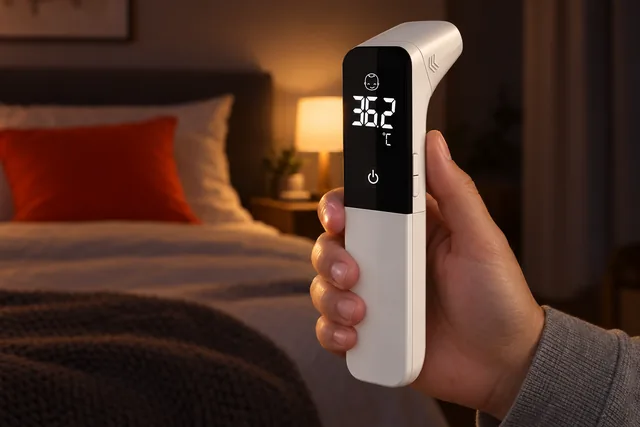 A hand holding the white Inframeter XT upright in a bedroom at night, its display lit with a face icon and 36.2