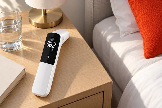 The white Inframeter XT lying on a bedside table beside a glass of water, a lamp and a book, its display lit