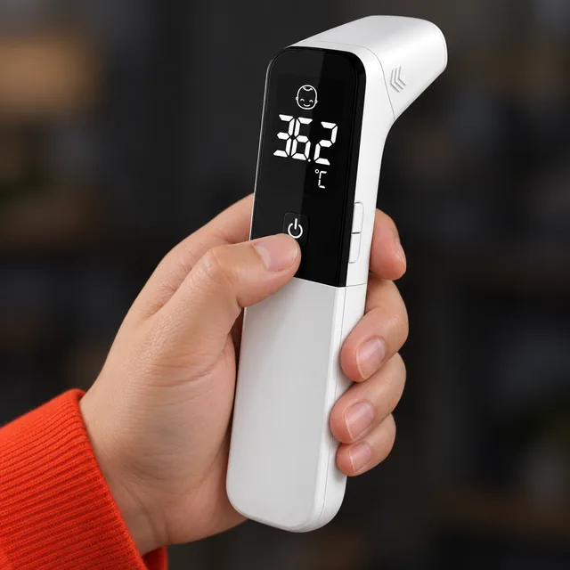 A thumb on the power button of the white Inframeter XT under its lit display showing 36.2 and the degree C mark