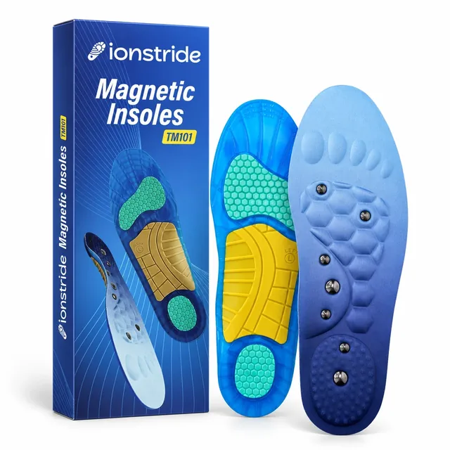The deep blue IonStride box with two insoles standing beside it on white, one showing the gel underside with its yellow arch piece, the other the fabric top with its metal studs