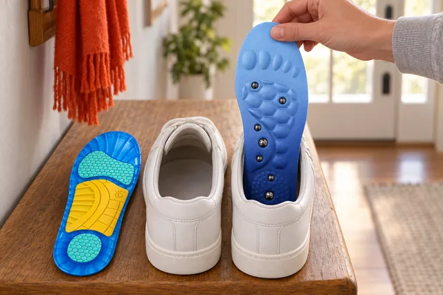 A hand sliding a blue IonStride insole toe first into a white sneaker on a hallway bench, the other insole lying beside it with its yellow arch piece up