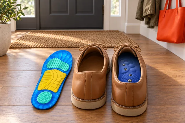 A pair of brown leather shoes by a front door with a blue IonStride insole in one of them, the other insole lying beside them with its yellow arch piece up
