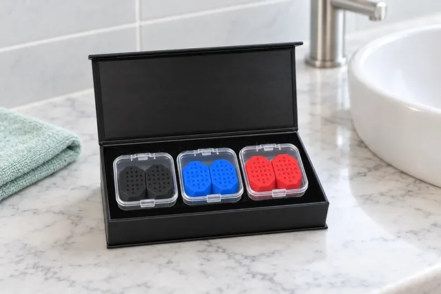 The open black JawCore box on a marble bathroom counter, three clear cases inside holding the black, blue and red pairs of trainers