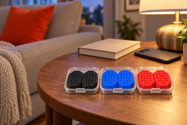 Three clear cases holding the black, blue and red JawCore pairs in a row on a side table by a sofa, a lamp lit, a book and a phone beside them