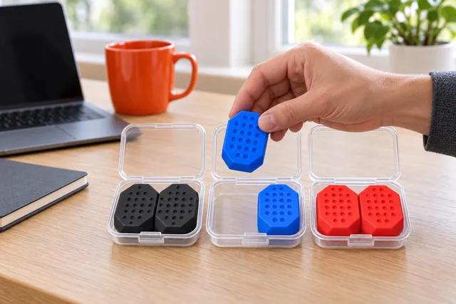 A hand lifting one blue JawCore trainer from its open clear case on a desk, the black and red pairs in their cases beside it and a laptop behind