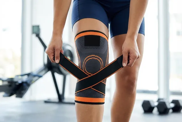 Two hands crossing the black straps of the KneeNetic sleeve over a knee, a rowing machine blurred behind