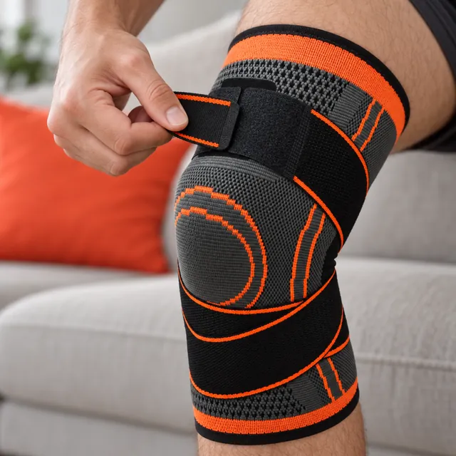 A hand pressing the end of a black strap onto the KneeNetic sleeve on a bent knee, the orange bands and the knit in view