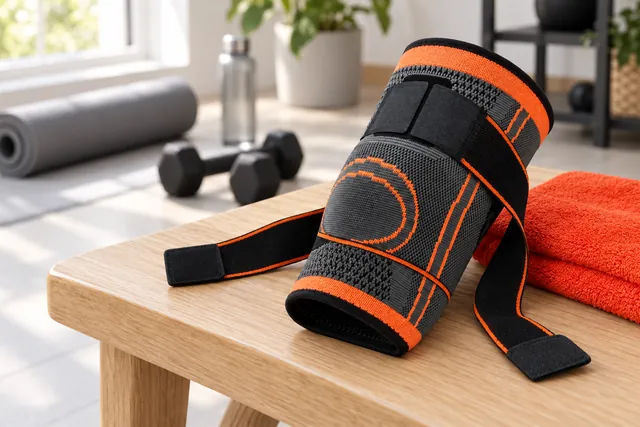 The KneeNetic sleeve lying on a wooden bench in a home gym with its straps open, a towel, a rolled mat, dumbbells and a water bottle around it