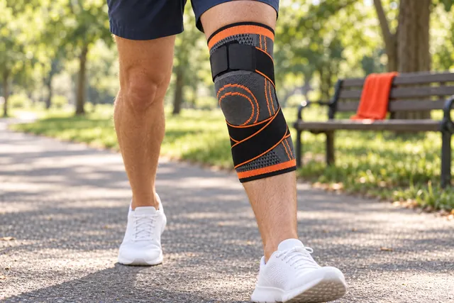 A leg in mid stride on a park path wearing the KneeNetic sleeve on the knee, its two straps crossed over the front, white sneakers below