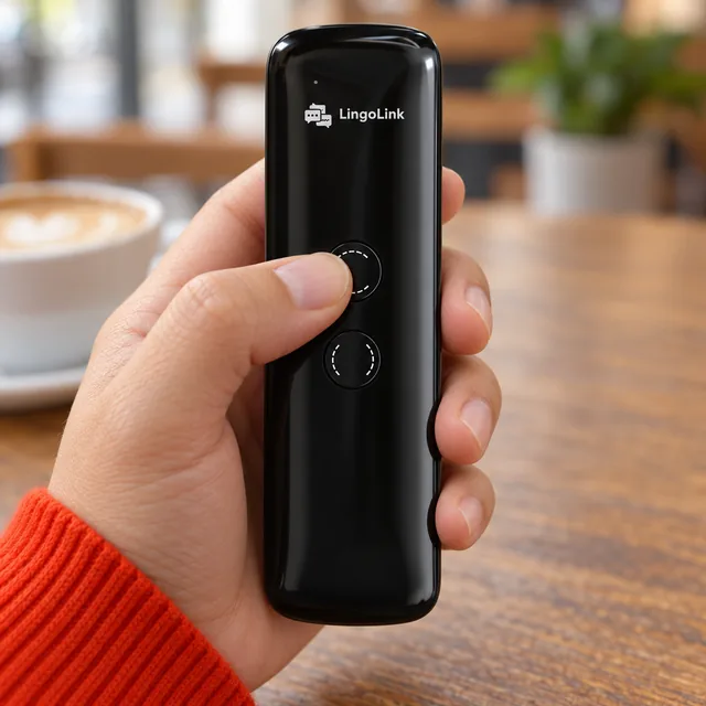 A thumb pressing the upper of the two round buttons on the black LingoLink, its speech bubble mark and wordmark above