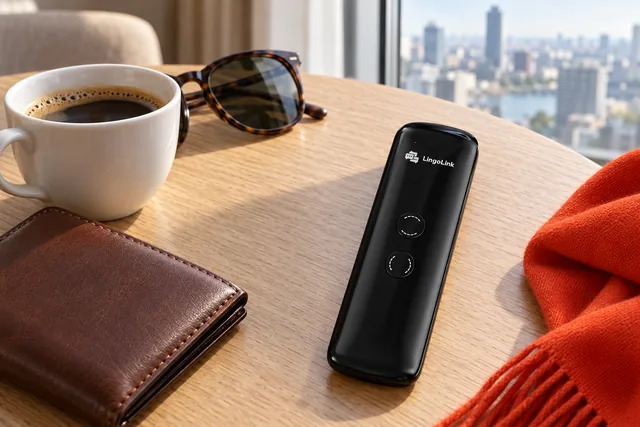 The black LingoLink lying face up on a hotel room table by a window with a city view, beside a wallet, sunglasses and a cup of coffee
