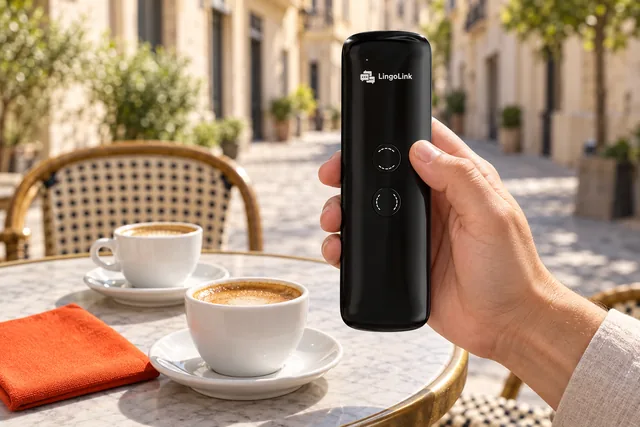A hand holding the black LingoLink translator out across a cafe table on a sunny street, two cups of coffee on the table