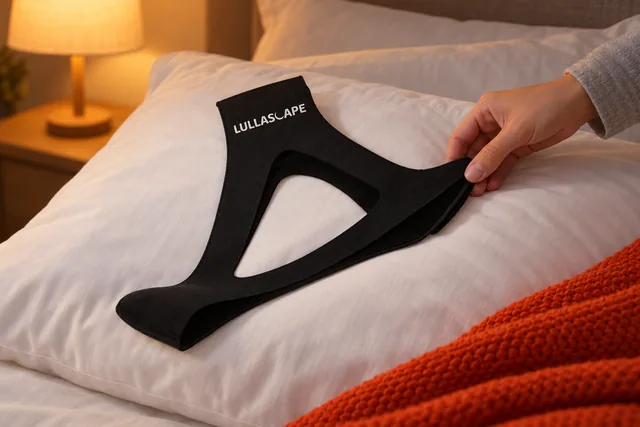 A hand laying the black Lullascape chin strap flat on a white pillow at bedtime, its printed band at the top, a lamp lit behind