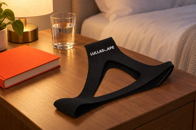 The black Lullascape chin strap lying flat on a wooden bedside table in the evening, a lamp lit, a glass of water and a book beside it
