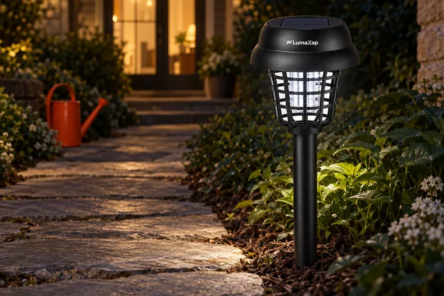 Der schwarze LumaZap neben einem Gartenweg aus Steinplatten bei Nacht, die Röhre im Gitter leuchtet weiß über den Weg, dahinter eine Haustür