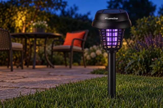 Der schwarze LumaZap im Rasen am Rand einer Gartenterrasse in der Dämmerung, die Röhre im Gitter leuchtet violett, dahinter ein Tisch und Stühle