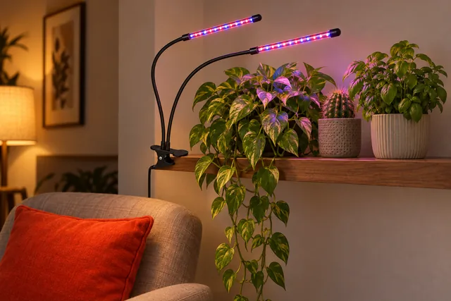 LumenLife-plantelampen klemt fast på en træhylde med stueplanter i et hjørne af stuen om aftenen, med stavene tændt over bladene