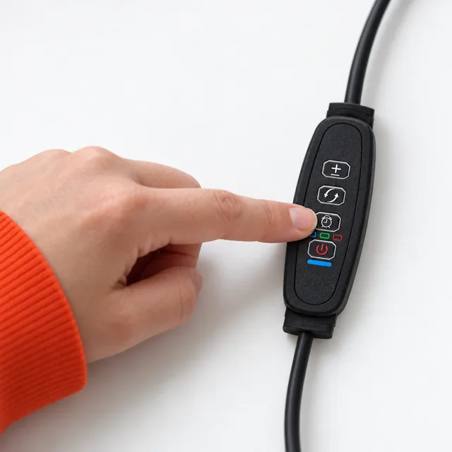 En fingerspids på timerknappen på den sorte styreenhed på LumenLife-ledningen, med de fire knapper og de små farvede lamper synlige