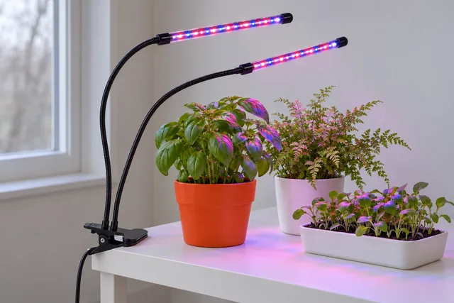 LumenLife-plantelampen klemt fast på kanten af et hvidt skrivebord, med de to svanehalse bøjet hen over tre potteplanter og stavene lysende rødt og blåt