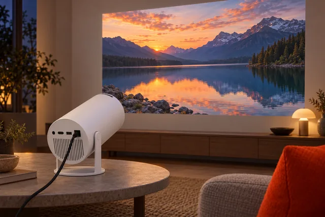 The white LumiBeam projector on a low round table in a living room in the evening, seen from behind, a large picture of a mountain lake on the wall ahead
