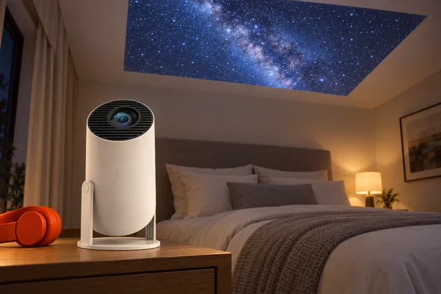 The white LumiBeam on a nightstand in a bedroom at night, its head turned up, throwing a picture of a starry sky onto the ceiling, headphones beside it