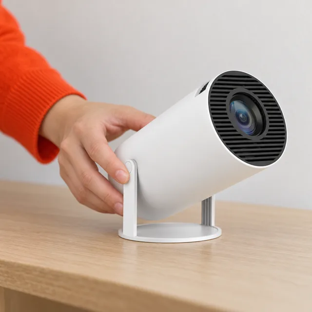 A hand tilting the white head of the LumiBeam up in its U shaped stand on a wooden side table, the black grille and the lens in view
