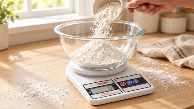 A hand pouring flour from a cup into a glass bowl on the white MealSure scale, on a wooden counter by a window