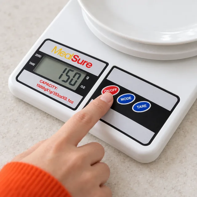 A fingertip on the red ON/OFF button of the white MealSure scale, its display reading 150 g and a plate on the platform