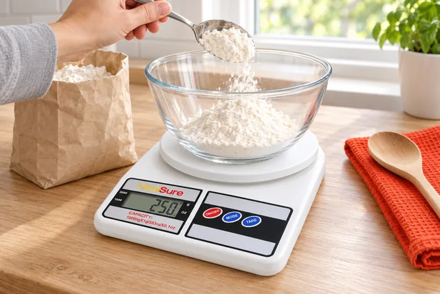 A hand spooning flour into a glass bowl on the white MealSure scale, its display reading 250 g, a paper bag of flour beside it