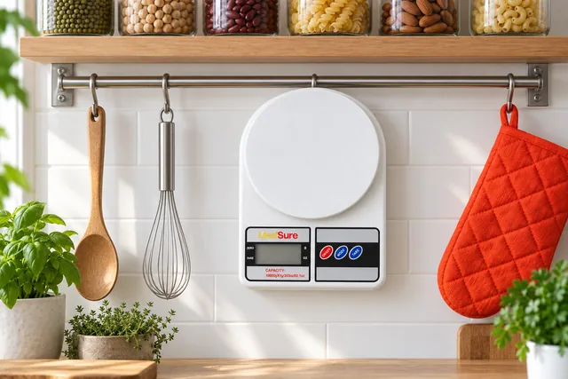 The white MealSure scale hanging from a hook on a kitchen rail under a shelf of glass jars, a wooden spoon, a whisk and an oven glove beside it