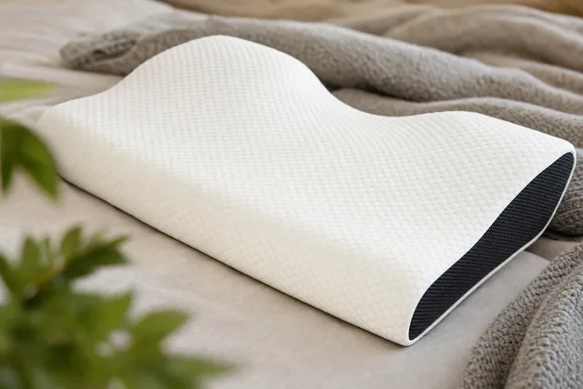 The Memvra pillow lying on a bed beside a gray throw, its white knit top and black mesh end in soft daylight