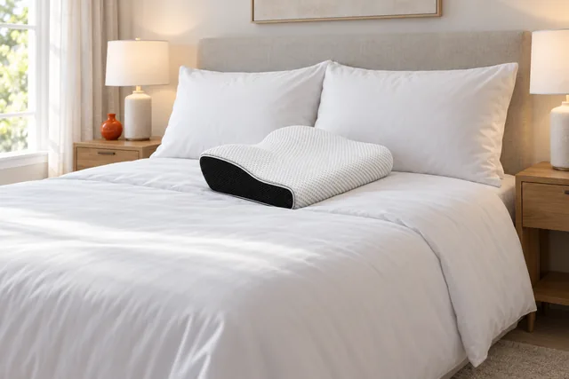 The Memvra pillow at the head of a bed made with crisp white linen in a bright bedroom, lamps on the bedside tables
