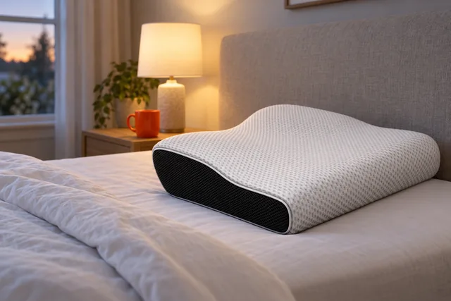 The white Memvra memory foam pillow with its black mesh side on a made bed in the evening, a bedside lamp lit behind