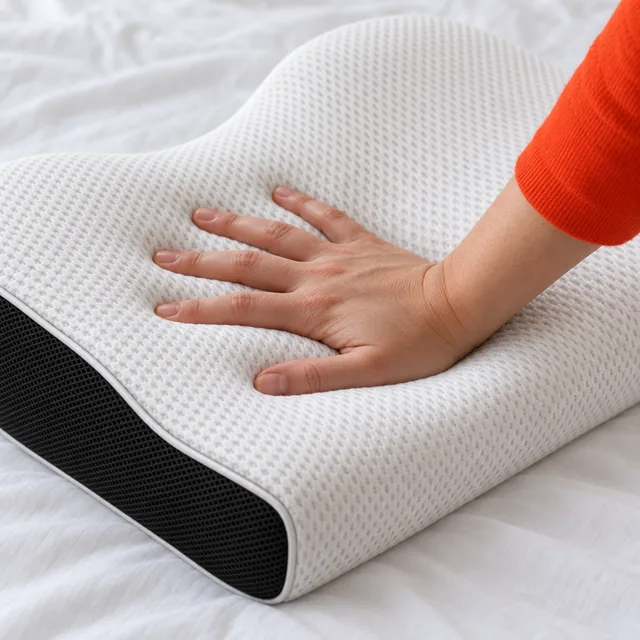 A hand pressing into the white knit top of the Memvra pillow, its black mesh side and white piping beside it