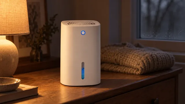 Den hvide Moistrol på en kommode af træ ved siden af en tændt lampe og en sammenfoldet strikket sweater, med en våd rude bagved