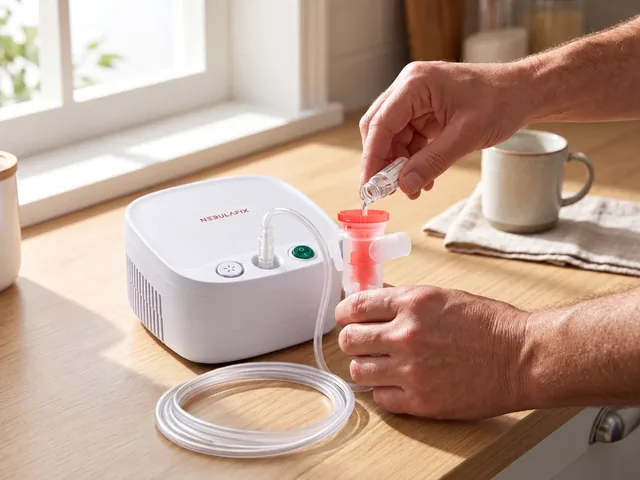 Two hands filling the NebulaFix medicine cup from a small vial beside the white compressor on a wooden kitchen counter
