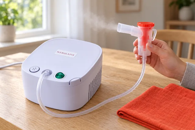The white NebulaFix compressor on a wooden table, its clear tube running to the medicine cup and mouthpiece held up in one hand, a fine mist at the mouthpiece