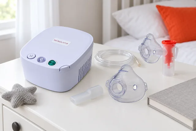 The white NebulaFix compressor on a chest of drawers in a child's bedroom, with its tube, a child mask, an adult mask, the medicine cup and the mouthpiece beside it