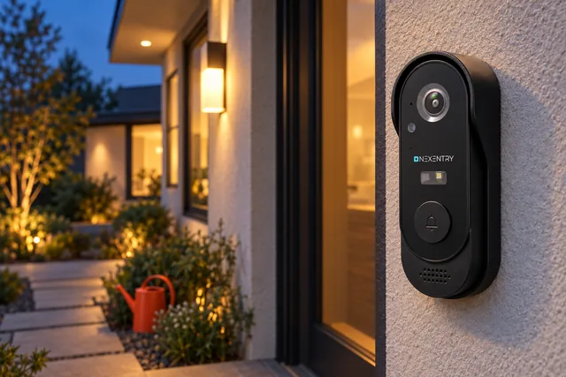 Den sorte Nexentry ved en hoveddør i skumringen, med udendørslampen tændt, lys i vinduerne og en havesti bagved
