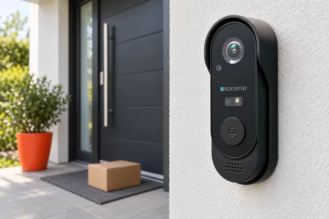Den sorte Nexentry-videodørklokke på en lys væg ved siden af en mørk hoveddør, med en pakke på dørmåtten nedenfor