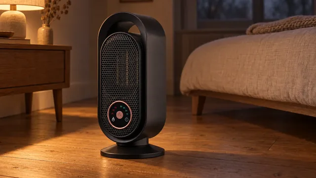 The black NexusHeat standing on a wooden floor beside a bed and a bedside table with a lit lamp