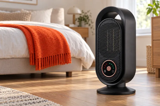 The black NexusHeat heater on a wooden floor beside a bed in a bright bedroom, its round touch dial lit