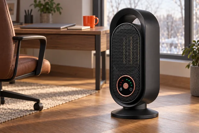 The black NexusHeat on the floor of a home study beside a desk chair on a winter afternoon, its dial lit