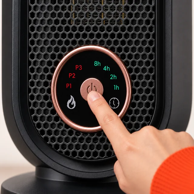 A fingertip on the copper power button in the middle of the NexusHeat's round touch dial, the red P marks on the left and the green hour marks on the right
